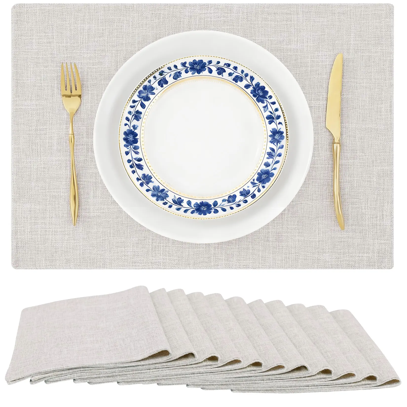 Heat Resistant Linen Placemats Set of 12 – 12x18 Inch Washable Cloth Table Mats – Farmhouse Style – Neutral Beige – Indoor & Outdoor Dining Table Decor