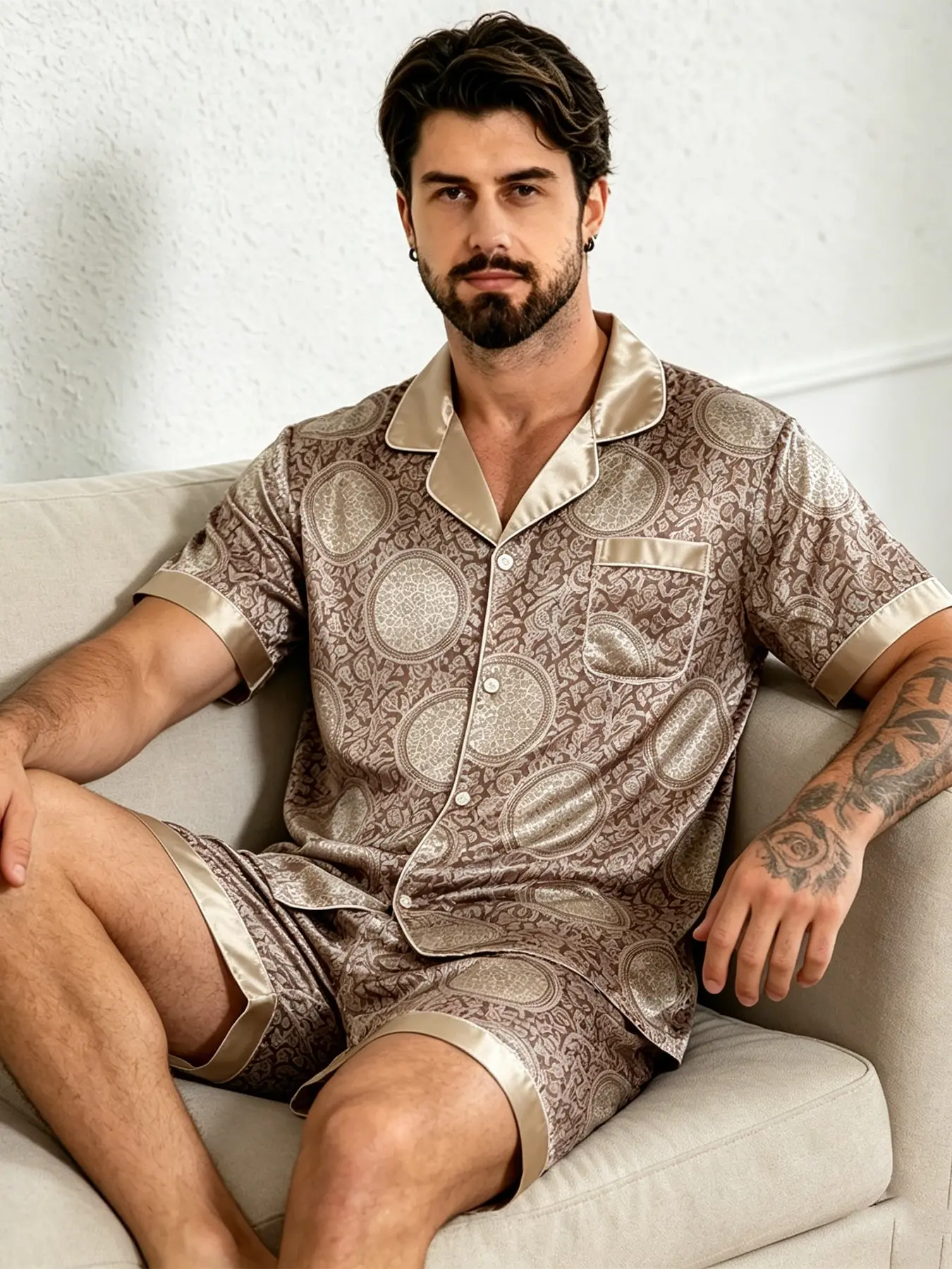 Men's Printed Pajama Set Pyjamas, Colorblock Collared Short Sleeve Shorts Satin Polyester Sleepwear Loungewear, lounge sets, nightwear pajamas, Summer Home Wear, Casual Loose-Fitting, All Seasons Pjs