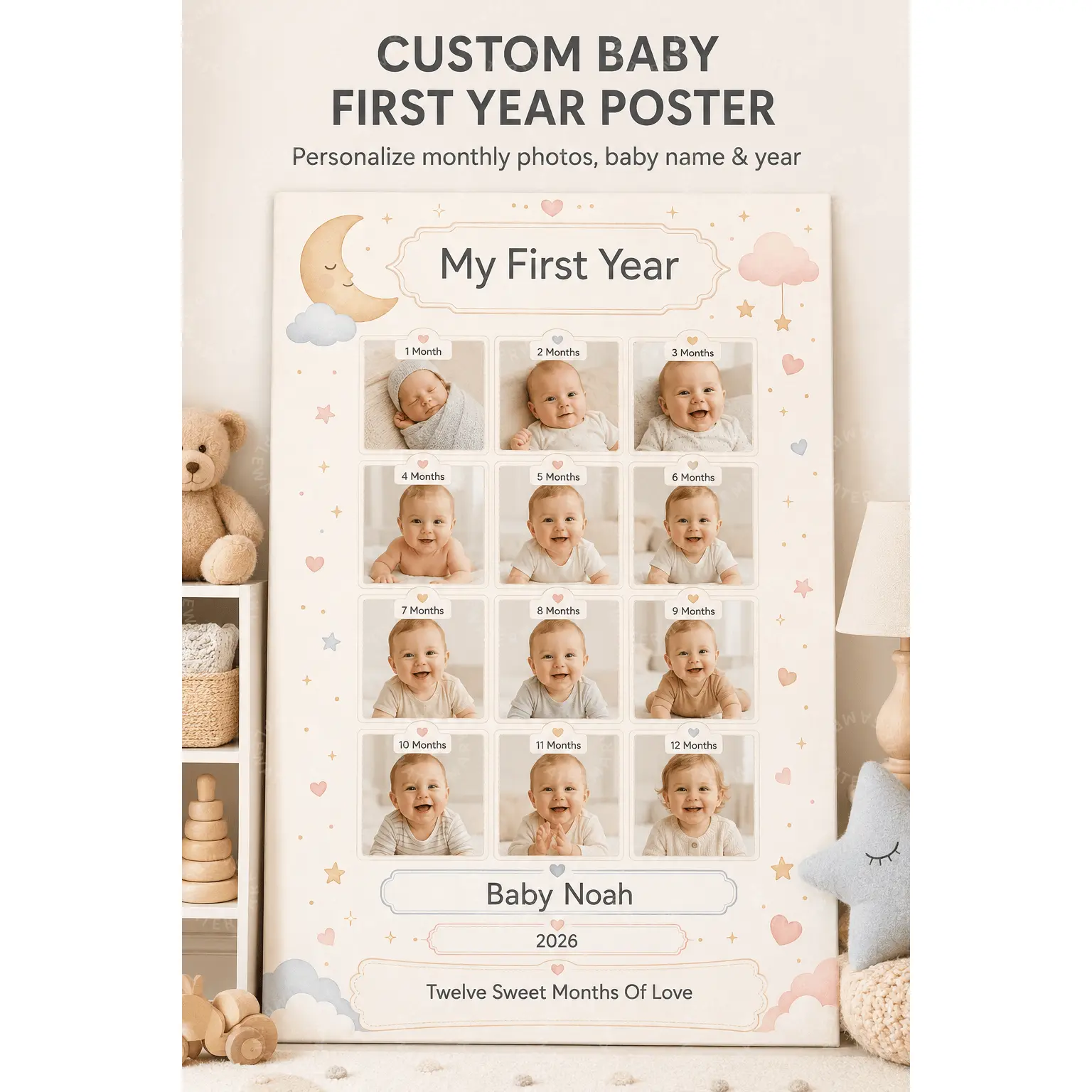 Custom Baby First Year Poster, Personalized Monthly Photo Collage Wall Art, Cream Pastel Moon Stars Nursery Decor, Baby Room Aesthetic Poster, Newborn Milestone Keepsake Gift
