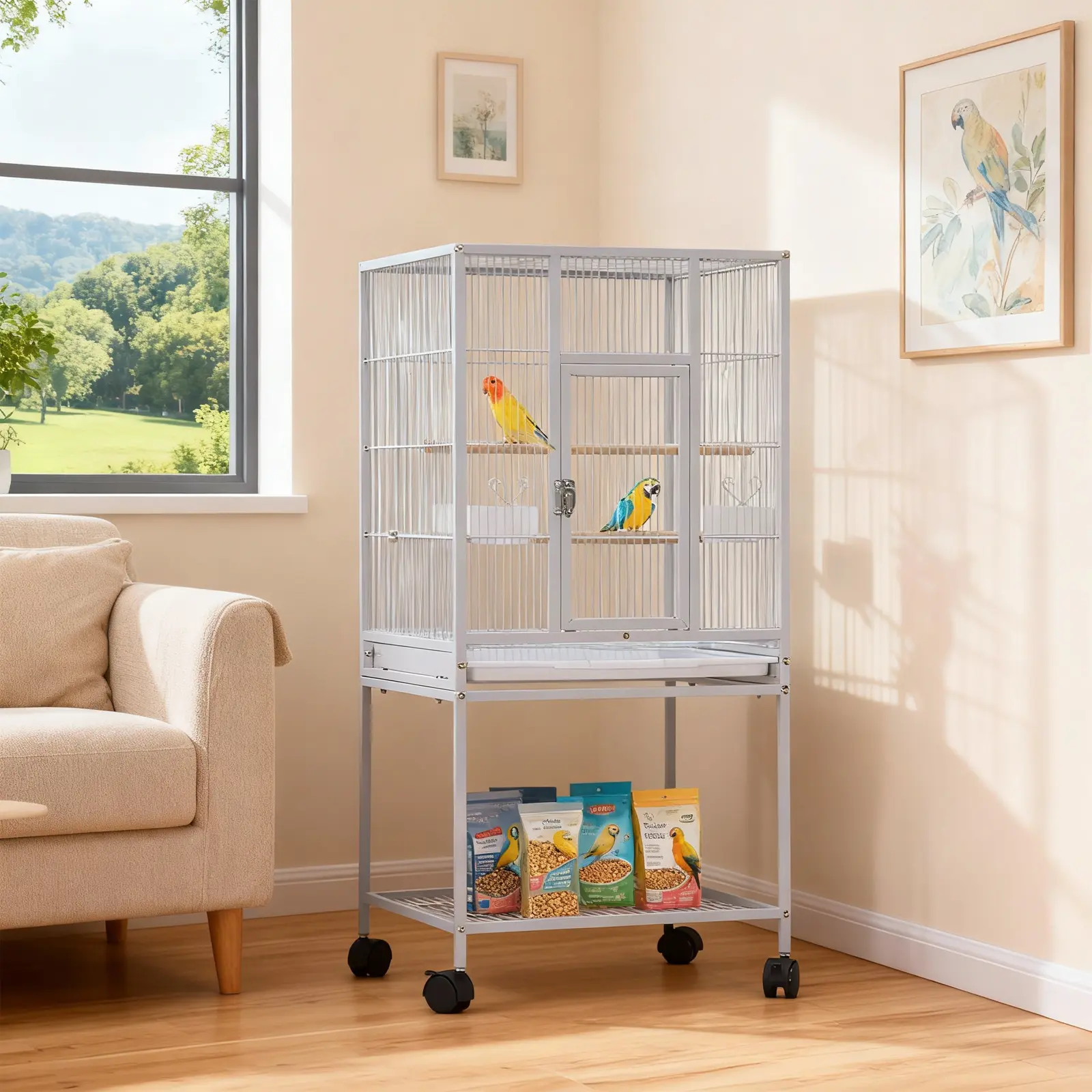 Spacious Wrought Iron Bird Cage with Rolling Stand – Durable Black Flight Cage for Parrots, Cockatiels, African Greys – Includes Wooden Perches & Slide-Out Tray, for Parakeets & Medium Birds