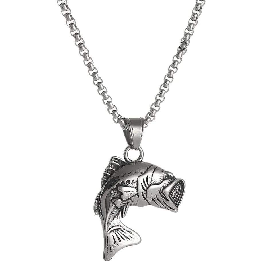 Largemouth Bass Fish Necklace, Fisherman Stainless Steel Jumping Bass Pendant