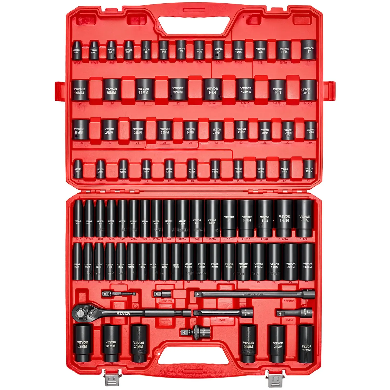 【DealsForYouDays】VEVOR 1/2 in Drive Impact Socket Set, 91 Piece, 6 Point Deep Shallow Impact Sockets, SAE (5/16 to 1-1/4 in) and Metric (8 to 32 mm) Sizes with Extension Bars (3, 5, 10 in), Cr-V Steel, Carrying Case