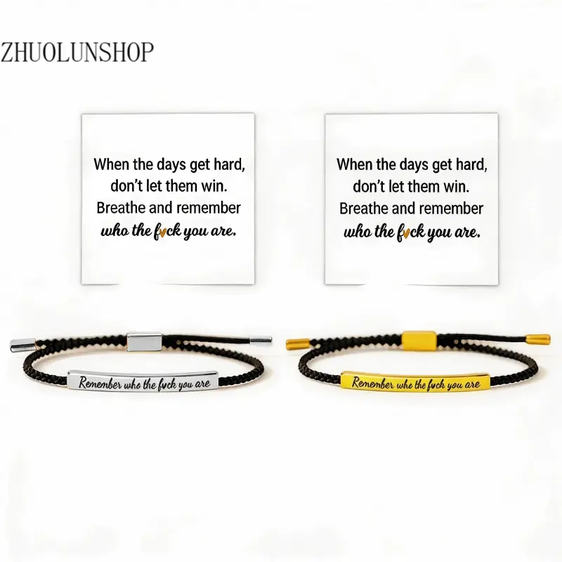 Engraved Stainless Steel Bar Bracelet with "Remember Who You Are" Quote on a Braided Rope, Adjustable & Skin-Friendly Cord, Motivational Jewelry for Men & Women, Bracelets, Adjustable Size, Men's Accessories, Boyfriend Gifts