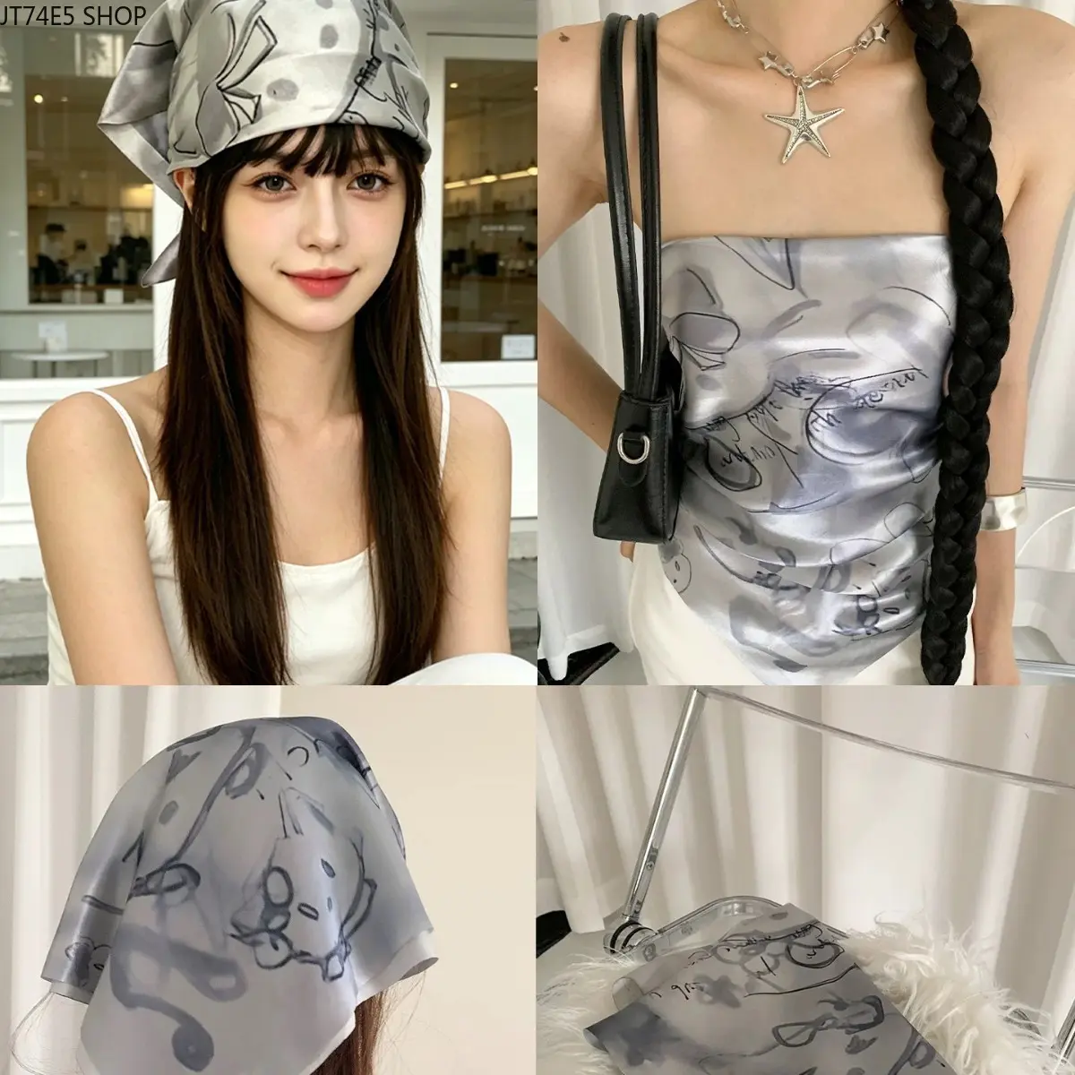Y2K Niche Cat Print Multi-Use Scarf, Versatile Colorful Square Scarf for Tube Top, Headband & Headscarf