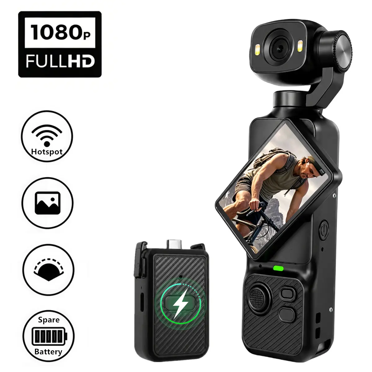 HD Portable With 180° Rotating Lens,Handheld Stabilizer Pocket Camera,Rotating Screen, Spare battery,Full Body for Vlogging Travel Daily Life Recording USB Rechargeable,Black,Durable Construction Camcorder