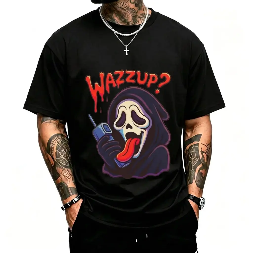Wazzup Spooky Ghost Mask Graphic Shirt Funny Horror Movie Meme Halloween Heavyweight Short Sleeve Crew Neck Top Cotton Tee Shirt Y2K Casual Streetwear Apparel Unisex
