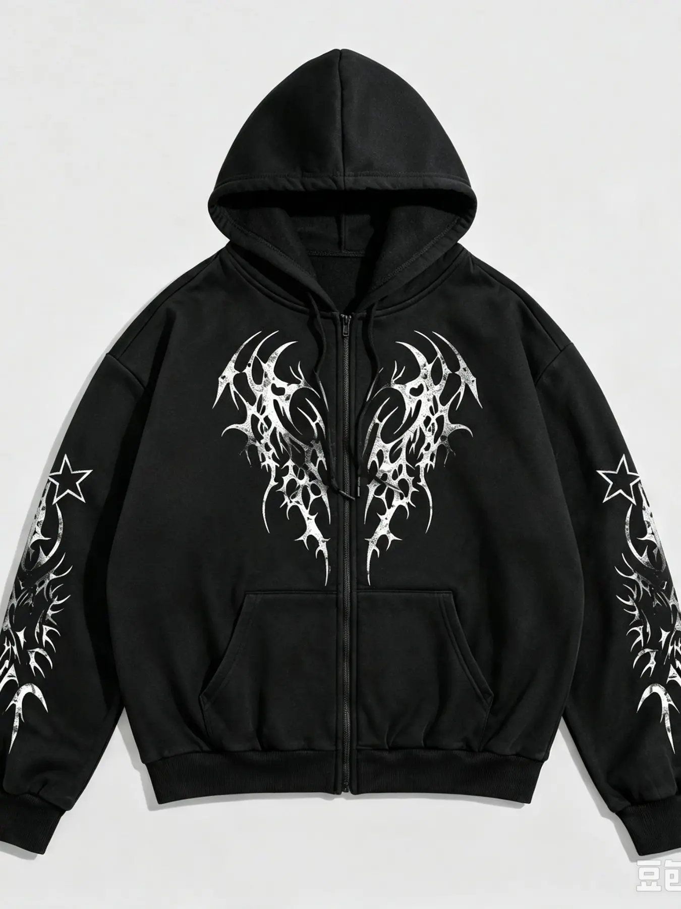 Men Y2K Goth Oversized Zip Up Hoodie, Full‑Zip Black Metal Thorny Demon Front Print Unisex Streetwear Hooded Jacket, Dual‑Sleeve Spiky Star Thorn Graphic Drawstring Hood Sweatshirt, Breathable Loose Casual Jacket for Rock Concert Skate Daily Street Outfit