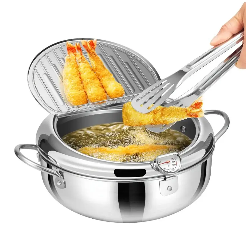 304 Stainless Steel Deep Fryer Pot, 114.97oz Tempura Deep Pot with Thermometer and Lid, Multipurpose Frying Pan Countertop Deep Fryer for Home Kitchen