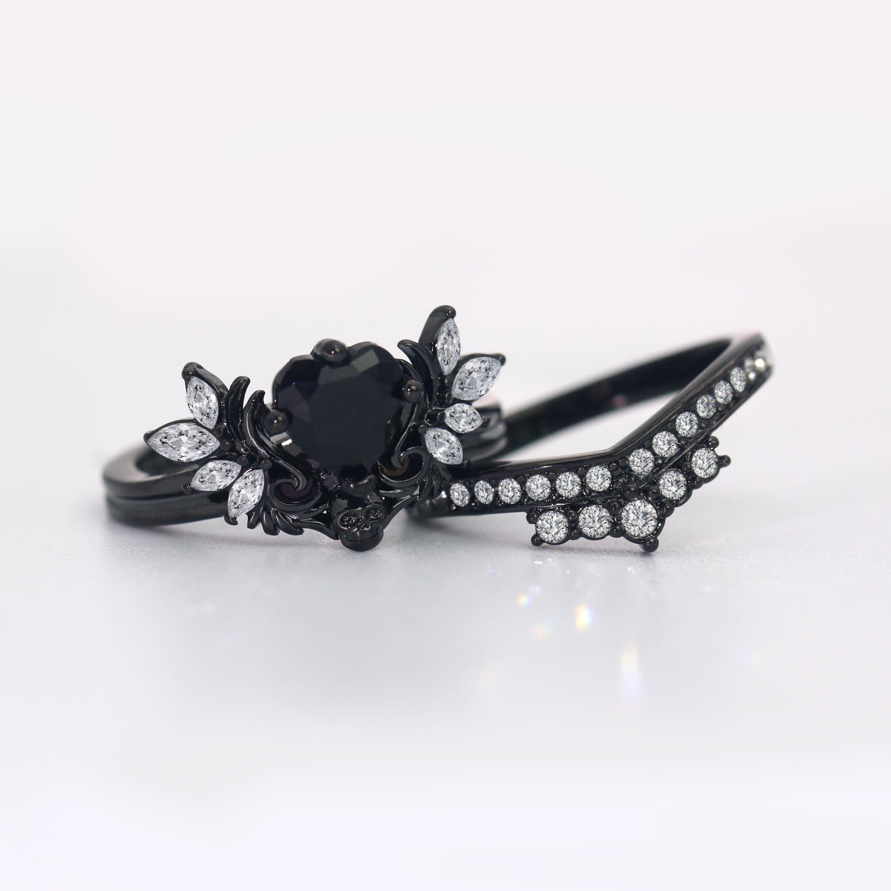 Lvrong Couple Rings Punk Skull Rings Black Plated Couple Rings Cross Wings 1.5CT Heart Black CZ Wedding Ring Sets