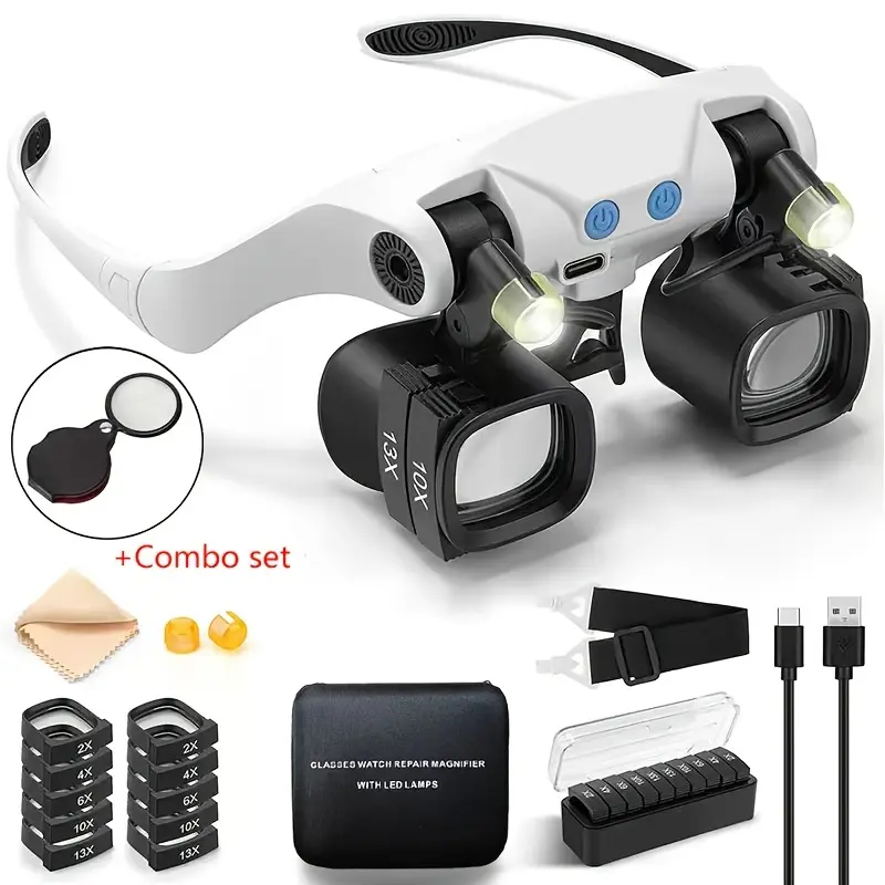 Head-Worn LED Magnifying Glass Set (2-Piece) – Includes Mini Folding Magnifier, Storage Bag, Interchangeable 2X/4X/6X/10X/13X Lenses, Ideal for Watch Repairs (Camera & Electronics Detail Tasks)