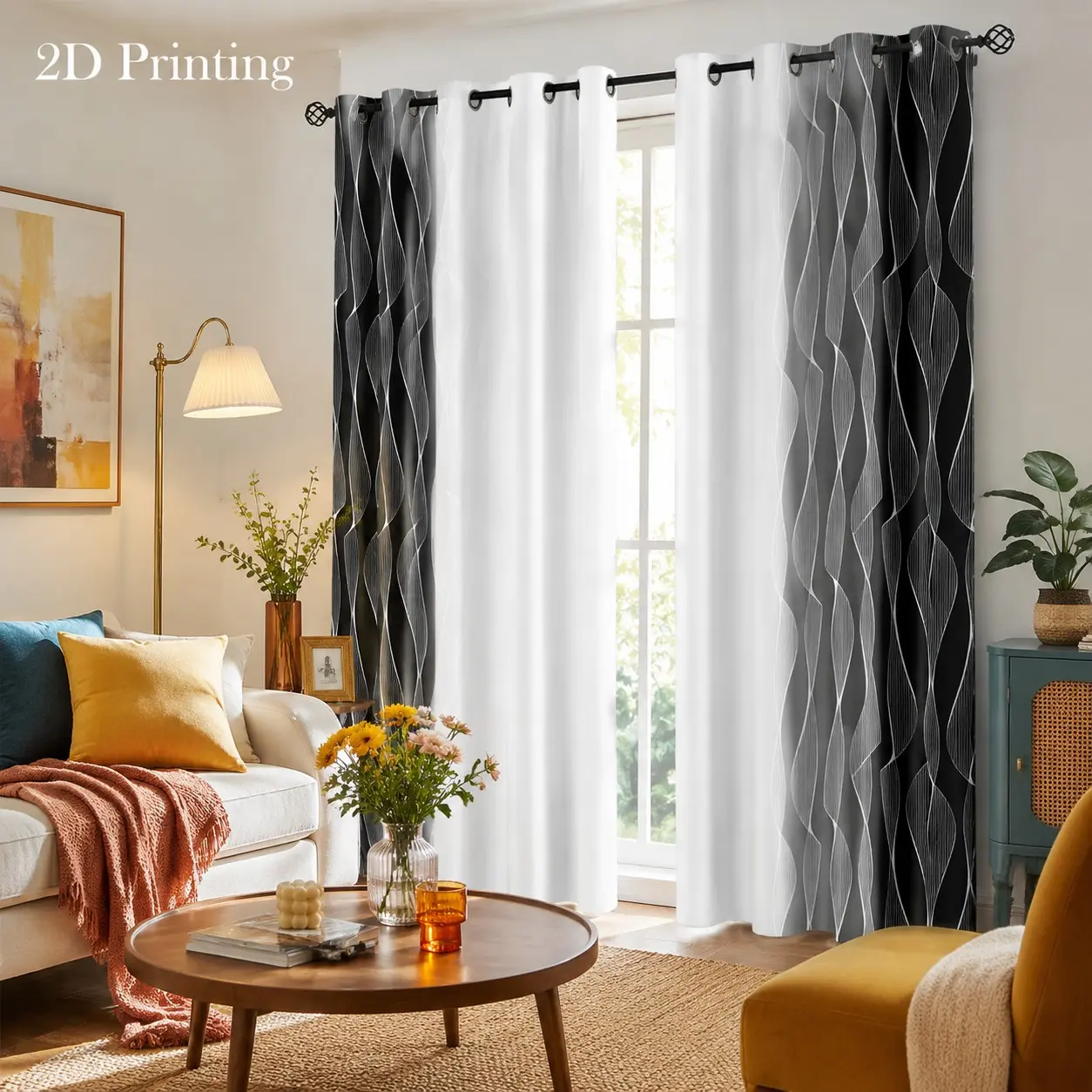 2-piece black, white, and gray gradient curtains, lightweight luxury high-end living room and bedroom curtains, semi-light-blocking polyester fabric, home daily room decorative curtains, Home Decoration Curtain, Window Curtain