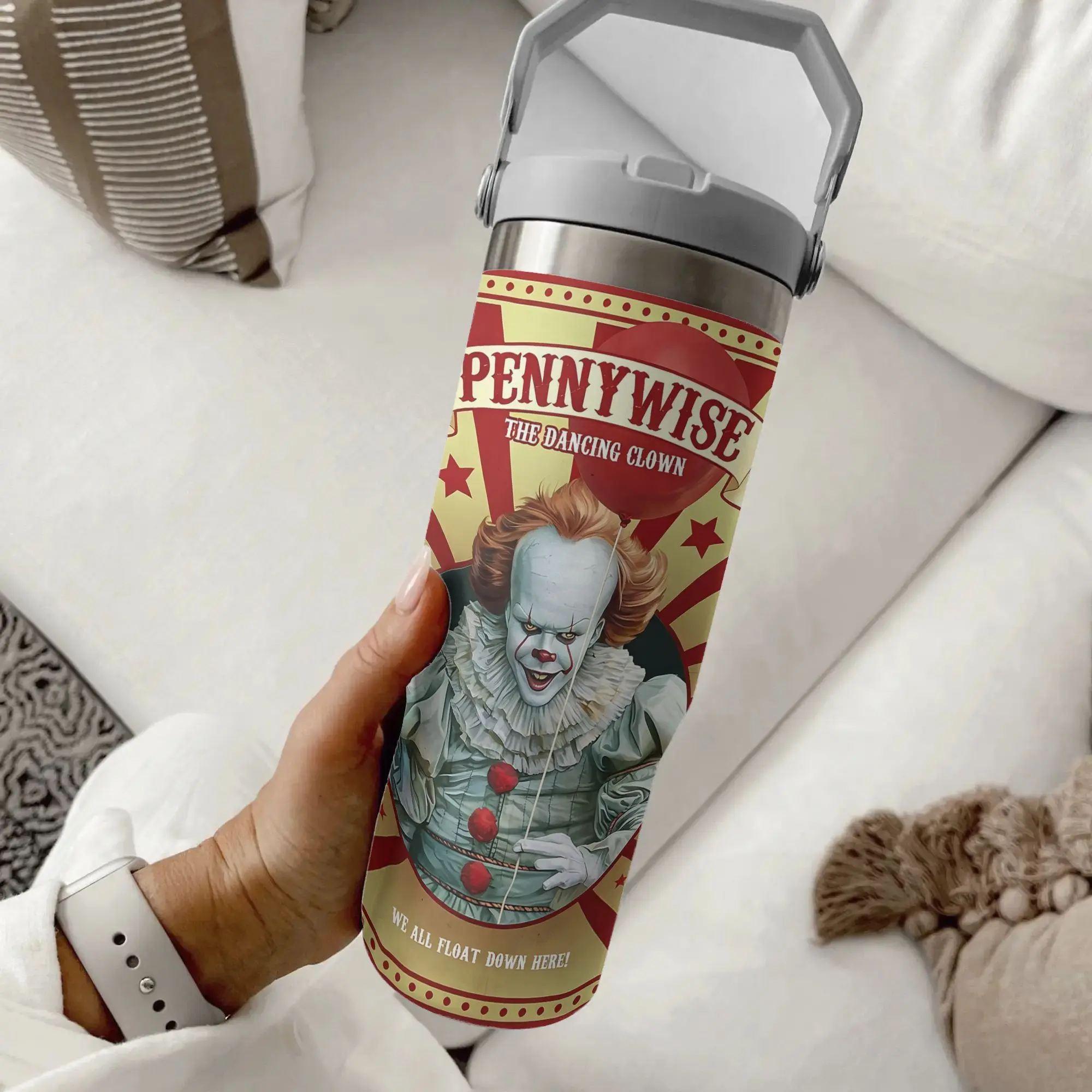 WB It Pennywise The Dancing Clown 30oz Car Insulated Travel Mug with Portable Handle Flip Lid, Vintage Circus Red Star Balloon Horror Clown Portrait Print Stainless Steel Car Coffee Cup, Leakproof Double Wall Vacuum Beverage Water Bottle, Reusable