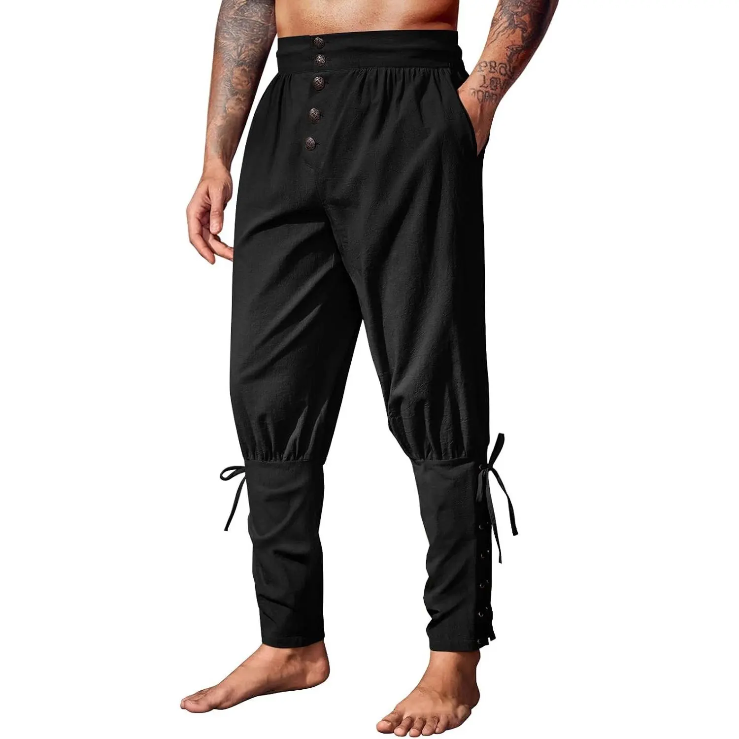 Mens Medieval Pirate Pants Renaissance Viking Costume Trousers, Ankle Banded, Lace Up, Elastic Waist, Two Side Pockets, Ren Faire & HalloweenGift
