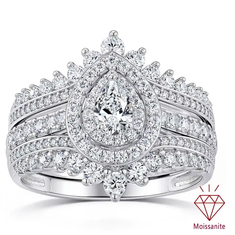 Full Moissanite Halo Pear Engagement Ring Bridal Set for Women Enhancer Wedding Ring Band Wraps White Gold Plated QR1939_WG_FM Jewelry-NS