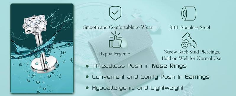 MILACOLATO 316L 2-6pcs Stainless Steel 16G 3mm CZ Inlaid Lip Rings Labret Monroe Nose Studs Helix Earring Piercing, 6mm 8mm 10mm Bar Length Available