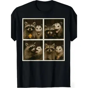 Menswear Basic Breathable Short Sleeve Tops - Unisex Funny Possum & Raccoon Photobooth Selfie Graphic T-Shirt, Retro Vintage Style, 4 Animal Selfies, 220gsm Heavyweight, All-Season Fit, Casual & Themed Events