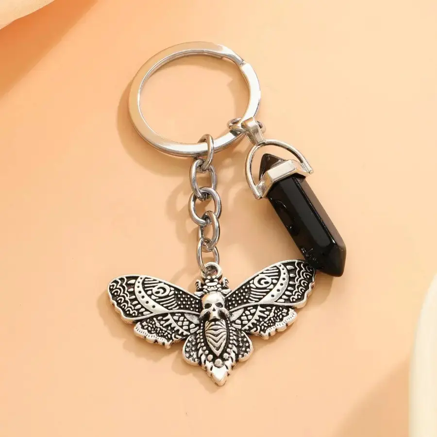 Gothic Dark Aesthetic Skeleton Moth Keychain - Detailed Black Death Moth & Skull Alloy Charm Pendant, Durable Metal Key Ring, Alternative Fashion Accessory for Car Keys, Backpack Gift for Men, Women, Stainless Steel, Belt Loops, Split Ring, Unisex Wear, D