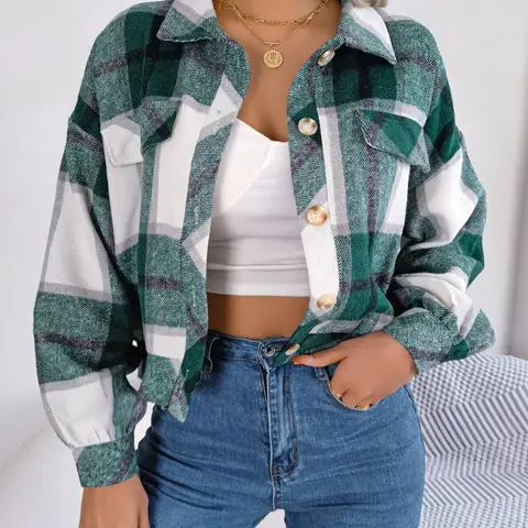 Women's Plaid Print Collared Long Sleeve Button Front Jacket Coats Fit, Casual Style Outerwear, Casual Pocket Design Drop Shoulder Button Up For Spring & Fall, Women's Clothing