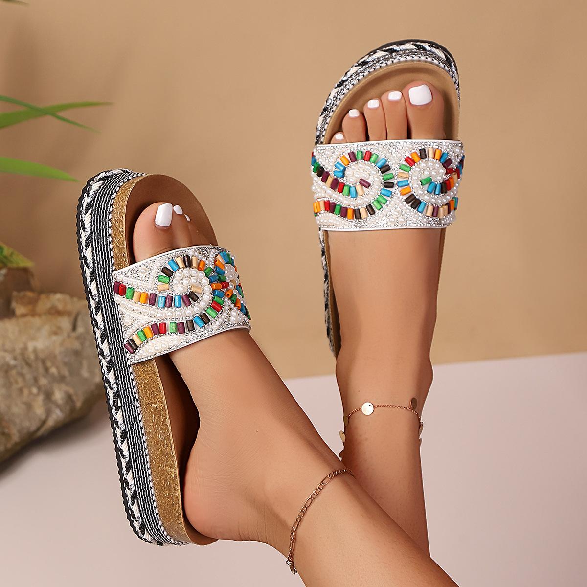 Women's Platform Sandals Summer Beach Slides with Pearl Embellished Cork Wedge Soft Sole Slippers Large Size Comfort Outdoor Shoes Ethnic Style Fashion Footwear for Women