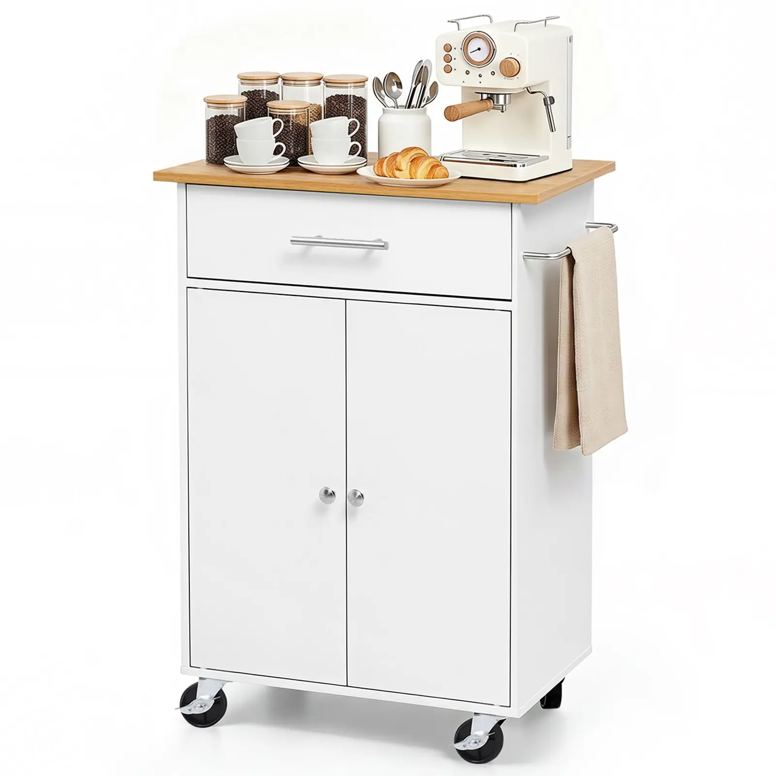 VEVOR Kitchen Island Cart with Storage, 24.84 in Wide Mobile Rolling Storage Island on Swivel Wheels, with Drawer, Storage Cabinet, Towel Rack, Hooks, Table for Home Dining Room, White