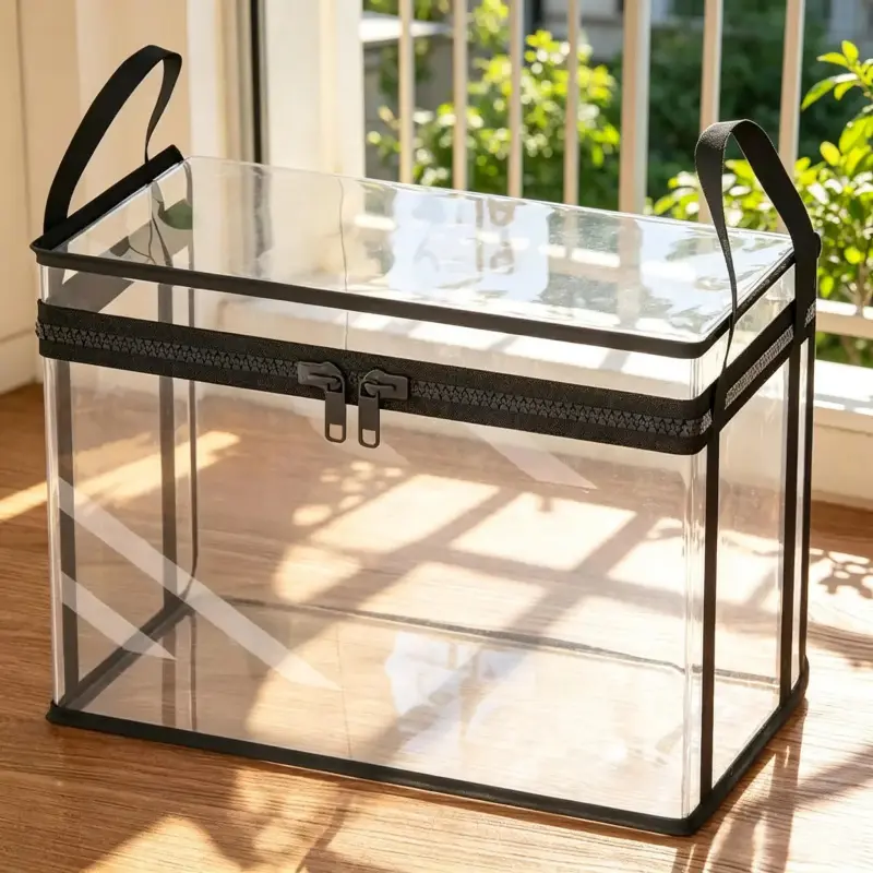 Large-capacity transparent thickened PVC storage box, plush toy storage bag, book storage box, dustproof with handle, sturdy and durable, suitable for home, living room, camping, travel, attic, moving and garage storage.