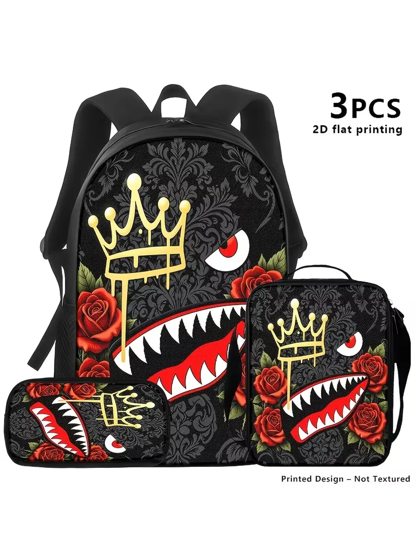 Cool Crown Rose Shark Mouth 3Pcs Kids Backpack Set, School Bag + Insulated Lunch Bag + Pencil Case, Lightweight Children Bookbag for Boys Girls, Back to School, Halloween Christmas & Kids Birthday Gift, Animal Backpack Set