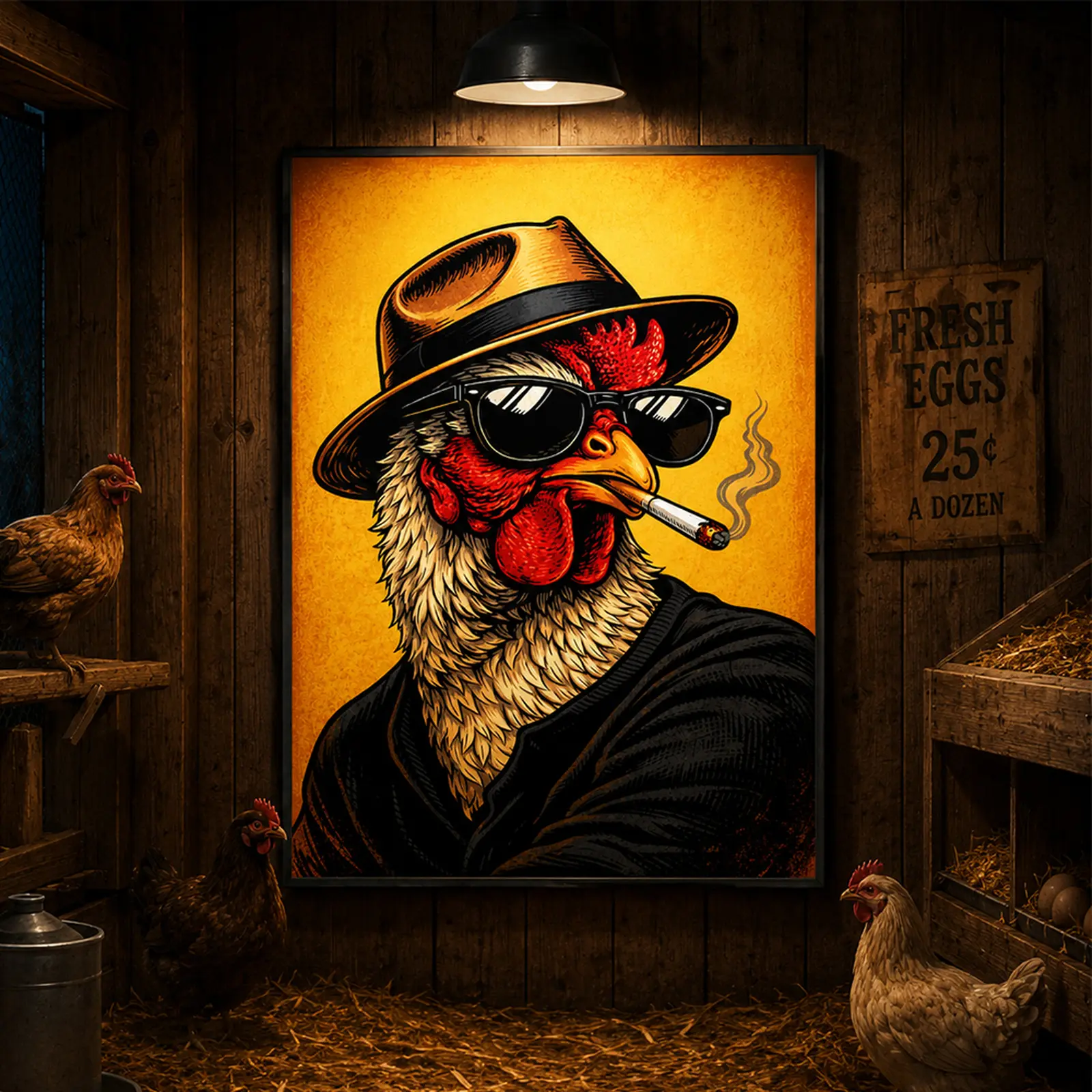 Funky Animal Cool Rooster with Hat Canvas Wall Art - Smoking Chicken Illustration, Multi-Size 1-Piece Retro Graphic Print, Modern Farmhouse Decor, Funny Kitchen Decor, Rustic Country Home Poster, Poultry Lover Gift