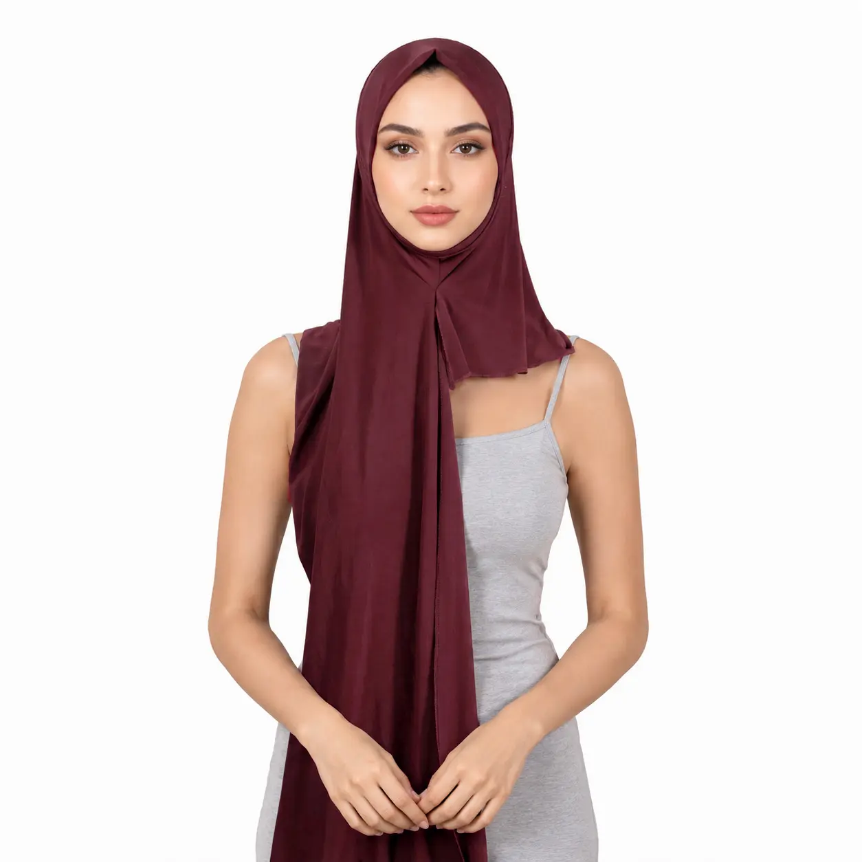 Effortless Burgundy Instant Jersey Hijab Scarf Pinless Slip On Head Wrap Breathable Built In Undercap Modest Everyday Comfort Drape Headwear