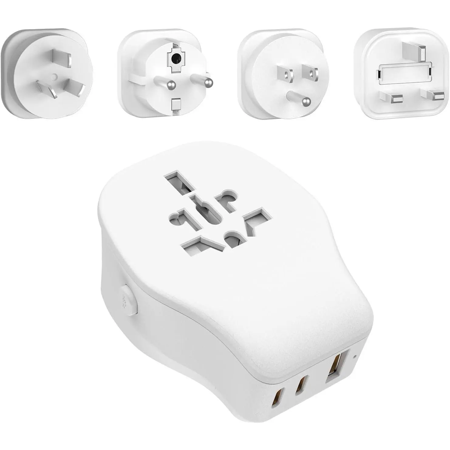 International Travel Adapter Set with 3 USB Ports 1 AC Socket, Includes Type B, I, G, E/F Detachable Attachments for Using in European Countries, , Spain, , UK (White)