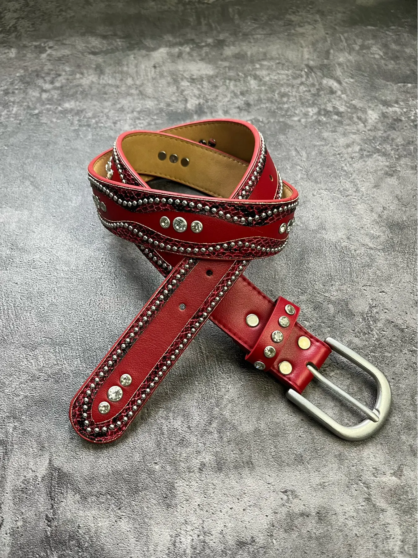 Neutral Vintage New Heavy Industry Red Belt Millennium Style Hot Girl Jeans Snake Pattern Leather Patch