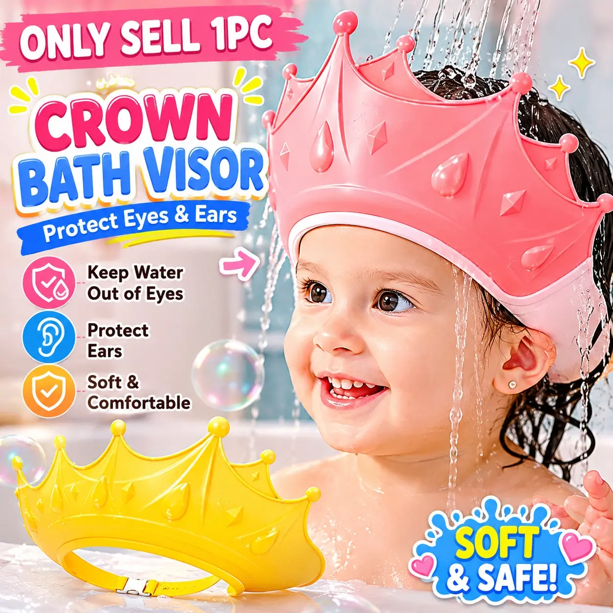 1pc crown-shaped adjustable shower eye shield, teaching aid for self-care habit training and early learning materials, shampoo magic tool for eye and ear protection - waterproof bath cap, suitable for bath time - perfect gift for new parents