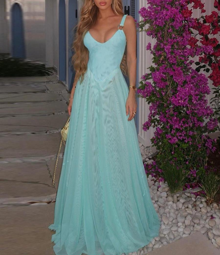 Women's Plain Deep V Neck Tulle Cami Dress, Elegant Sleeveless Maxi Dress for Party Holiday Wedding Guest, Ladies Summer Clothes, Brunch Dresses