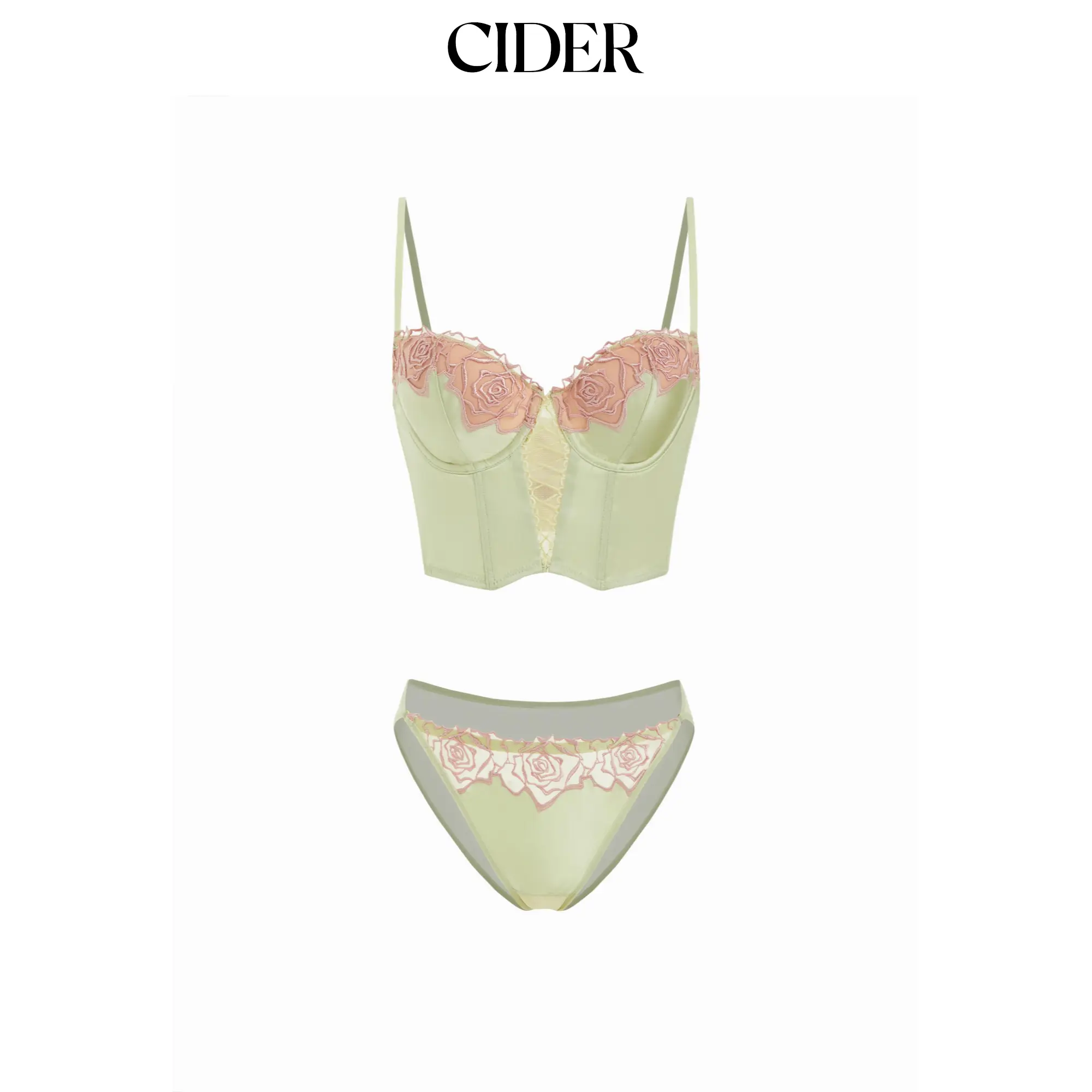 Cider Satin Sweetheart Floral Lace Up Lingerie Set