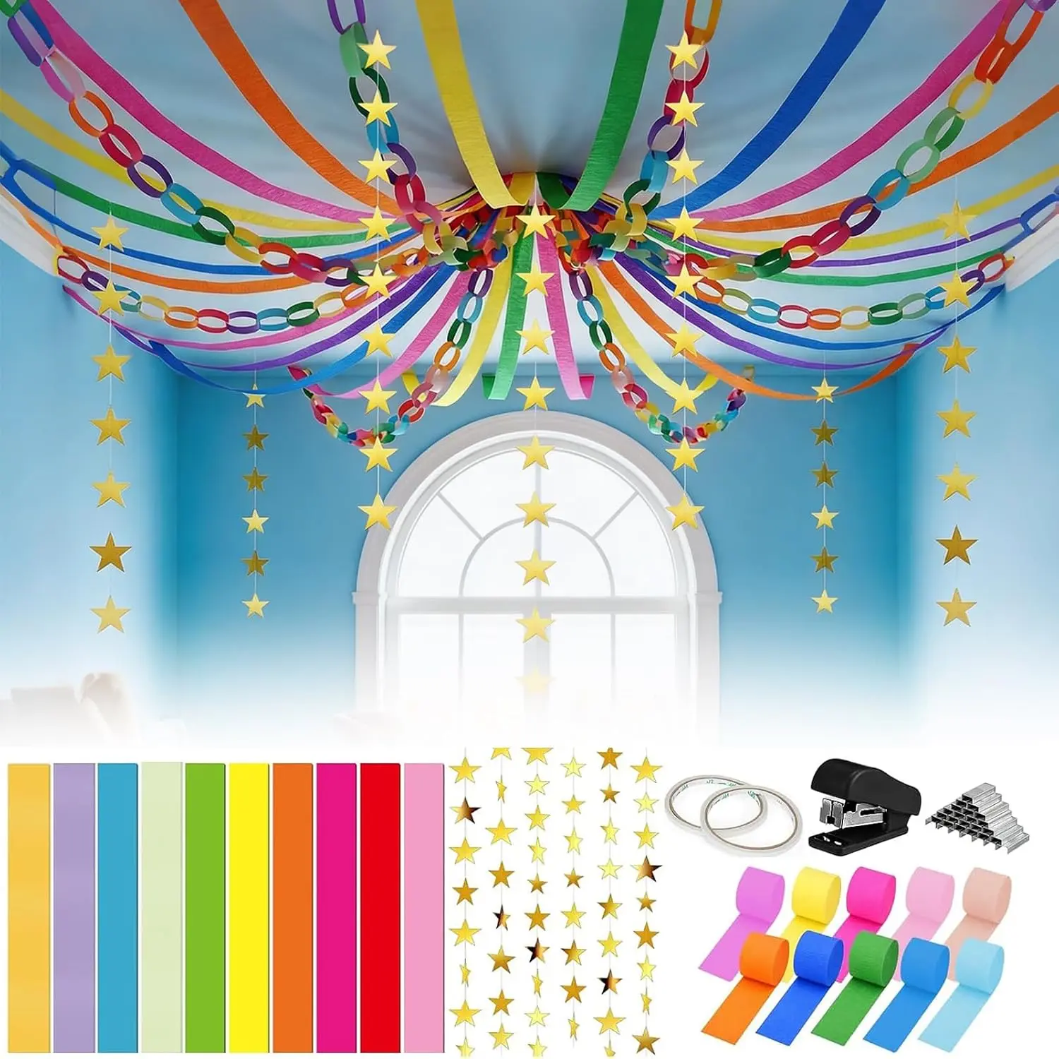 1000 Sheet Paper Chain Garland Strips Set with 10 Rolls Crepe Paper Streamers & 52.8ft Gold Star Garland,DIY Construction Paper Chain Kit for Birthday, Wedding, Classroom, Party Decorations (Rainbow)