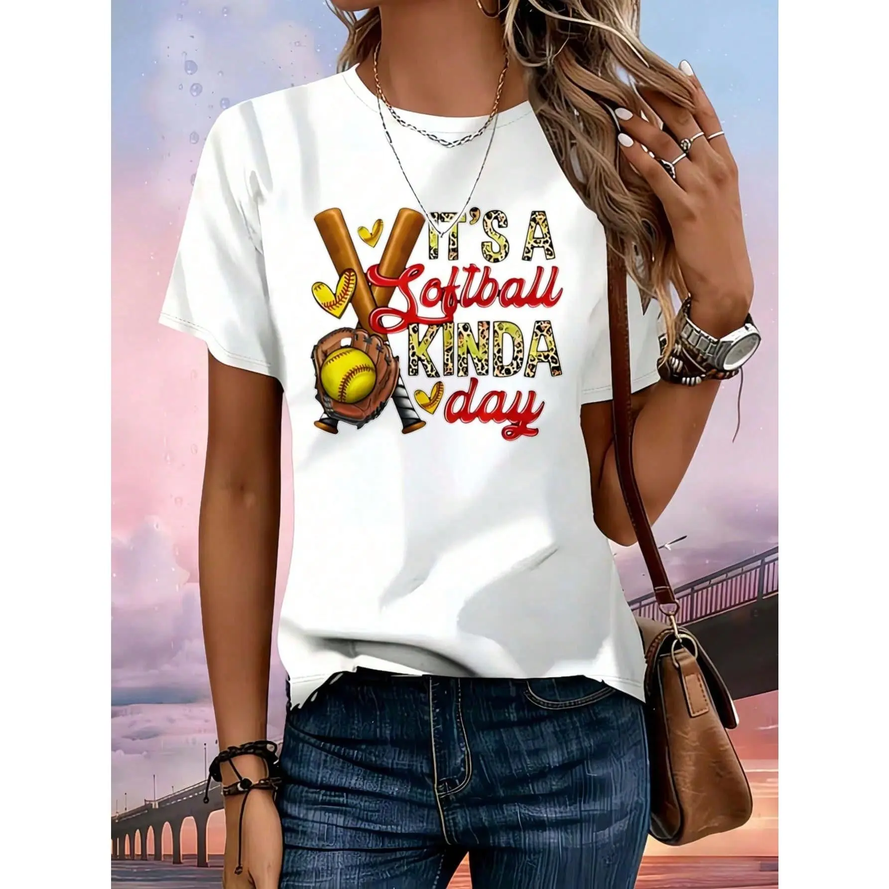 Women's Softball Graphic T-Shirt with Bat & Ball Print, Casual Loose Cut 100% Cotton Top, Short Sleeve Crewneck for Outdoor Wear, 100 Cotton Clothing, Seamless, Knitted, Shortsleeve, Fabric, Tshirt