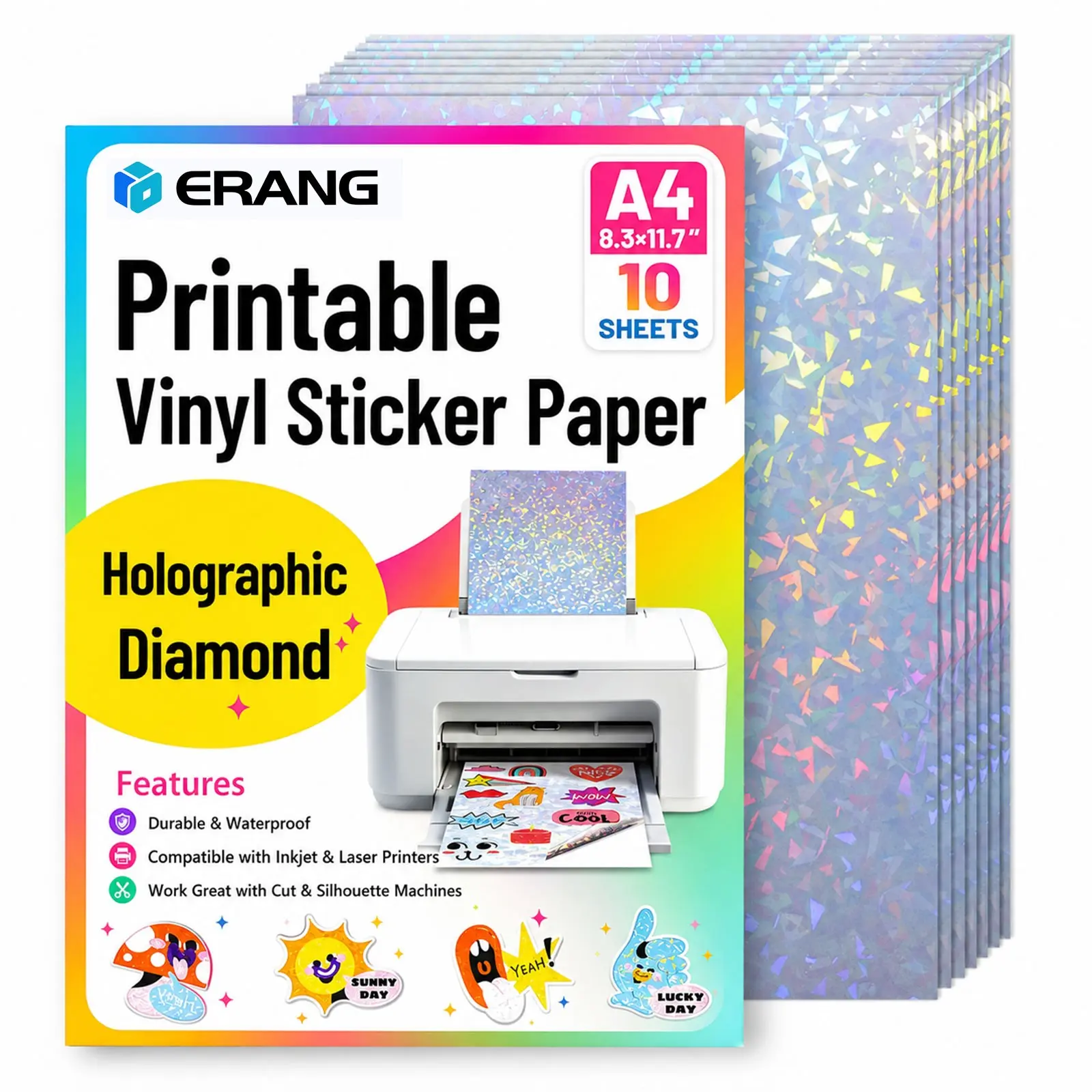 10 Sheets Diamond Holographic Sticker Paper, 21.08 X 29.72 Cm, for Inkjet & Laser Printers, Glossy Vinyl Sticker Paper, Quick Dry