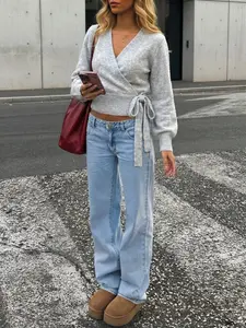 Women's V-Neck Wrap Tie Knit Sweater Open Front Long Sleeve Solid Color Knit Cardigan, Fall Winter Casual Daily Wear Cute Cozy Street Sweater Top, Comfortable and Stylish Top, Going Out Tops for Women Knitwear