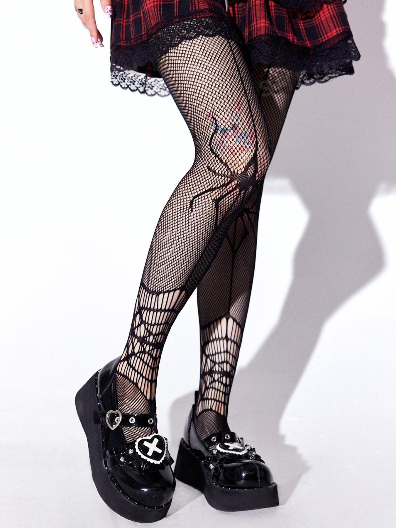 Women's Halloween Themed Fishnet Tights, Casual Comfy Breathable Spider Web & Skull Pattern Sheer Tights for Daily Wear, Ladies Tights for All Seasons