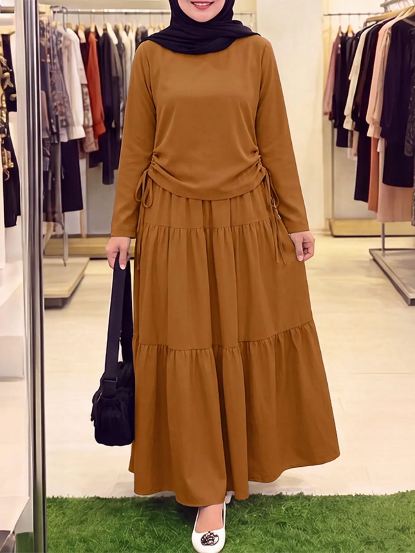 Women's Long Sleeve Round Neck Solid Color Top and Skirt Set, Fashion Muslim Set, Casual Loose-Fitting Two-Piece for Daily Wear