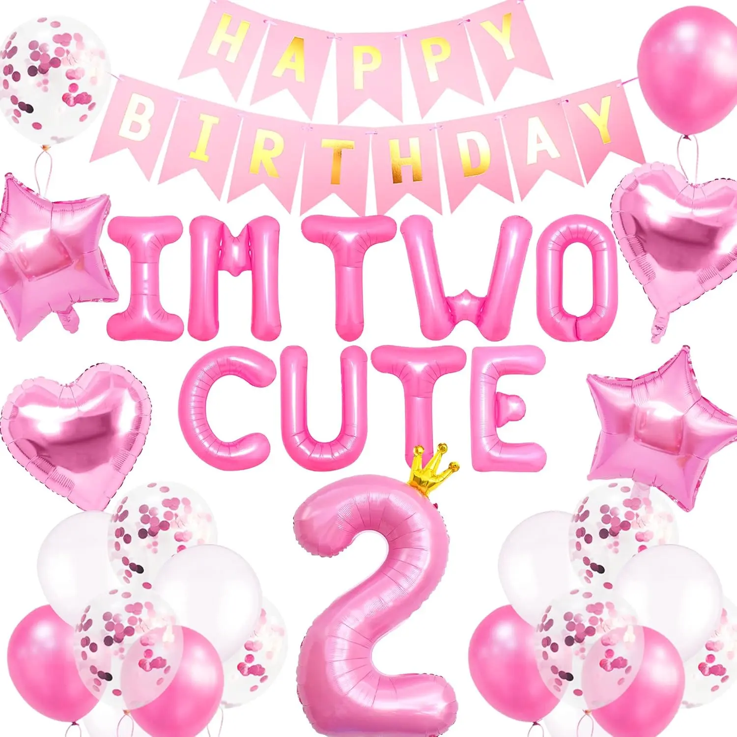 41 PCS Feminine Cute Theme "I'm 2 Cute" Pink Number 2 Balloons, Party Decor & Balloon Decor for Girl's 2nd Birthday Party Festive Supplies