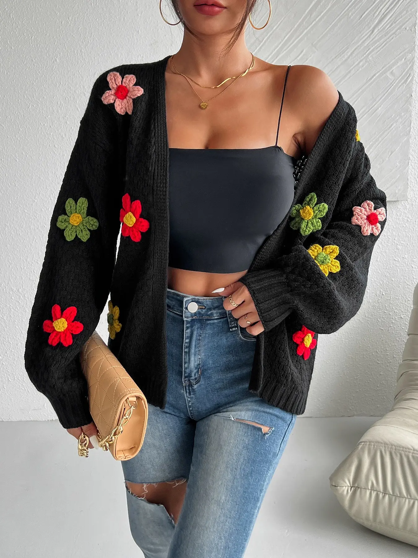 Women's 3D Lemon Embroidered Cardigan with Puff Sleeves, Cozy Oversized Knit Wrap for Fall and Winter