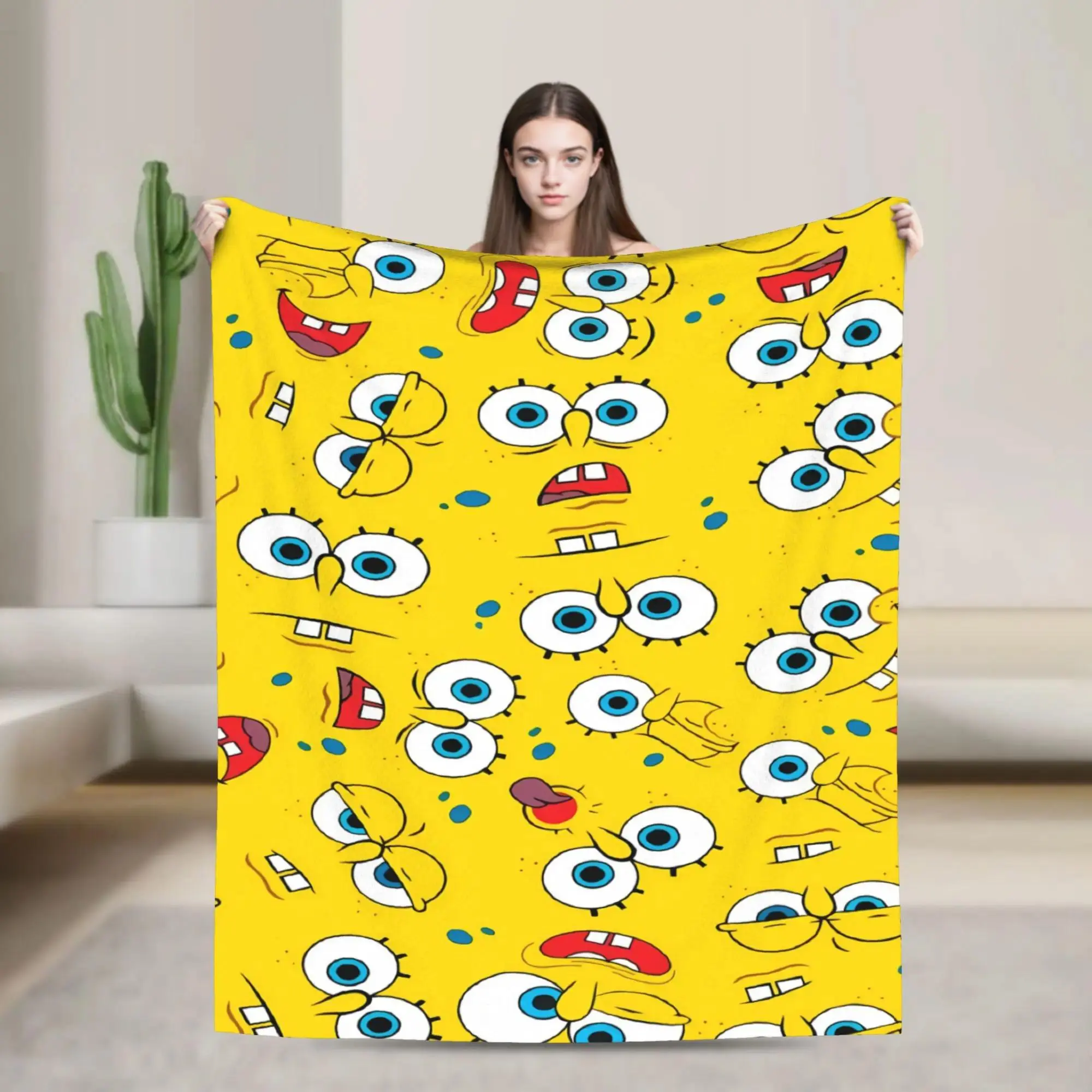 S-ponge-Bobs Tiny Yellow Eyes All Over Tile Blanket  Warm Plush Bedding Throws For Kids Living Room Flannel Bedspread Bed Cover