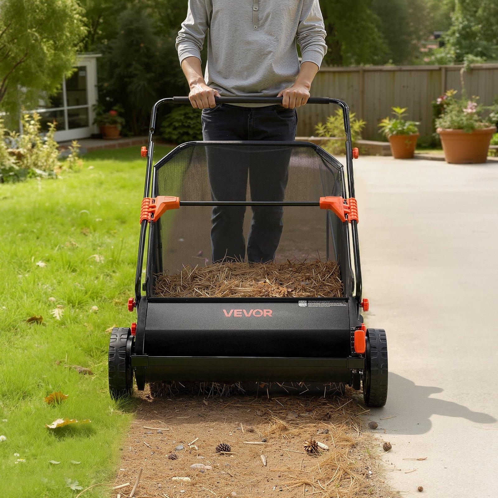 VEVOR Push Lawn Sweeper, 30 in Leaf & Grass Collector with 12 cu. ft. Hopper Bag, Adjustable Brush Height & Spinning Brushes, Heavy Duty Yard Sweeper with Rubber Wheels for Leaves Grass Cleanup VEVOR Push Lawn Sweeper, 30 in Leaf & Grass Collector with 12 cu. ft. Hopper Bag, Adjustable Brush Height & Spinning Brushes, Heavy Duty Yard Sweeper with Rubber Wheels for Leaves Grass Cleanup