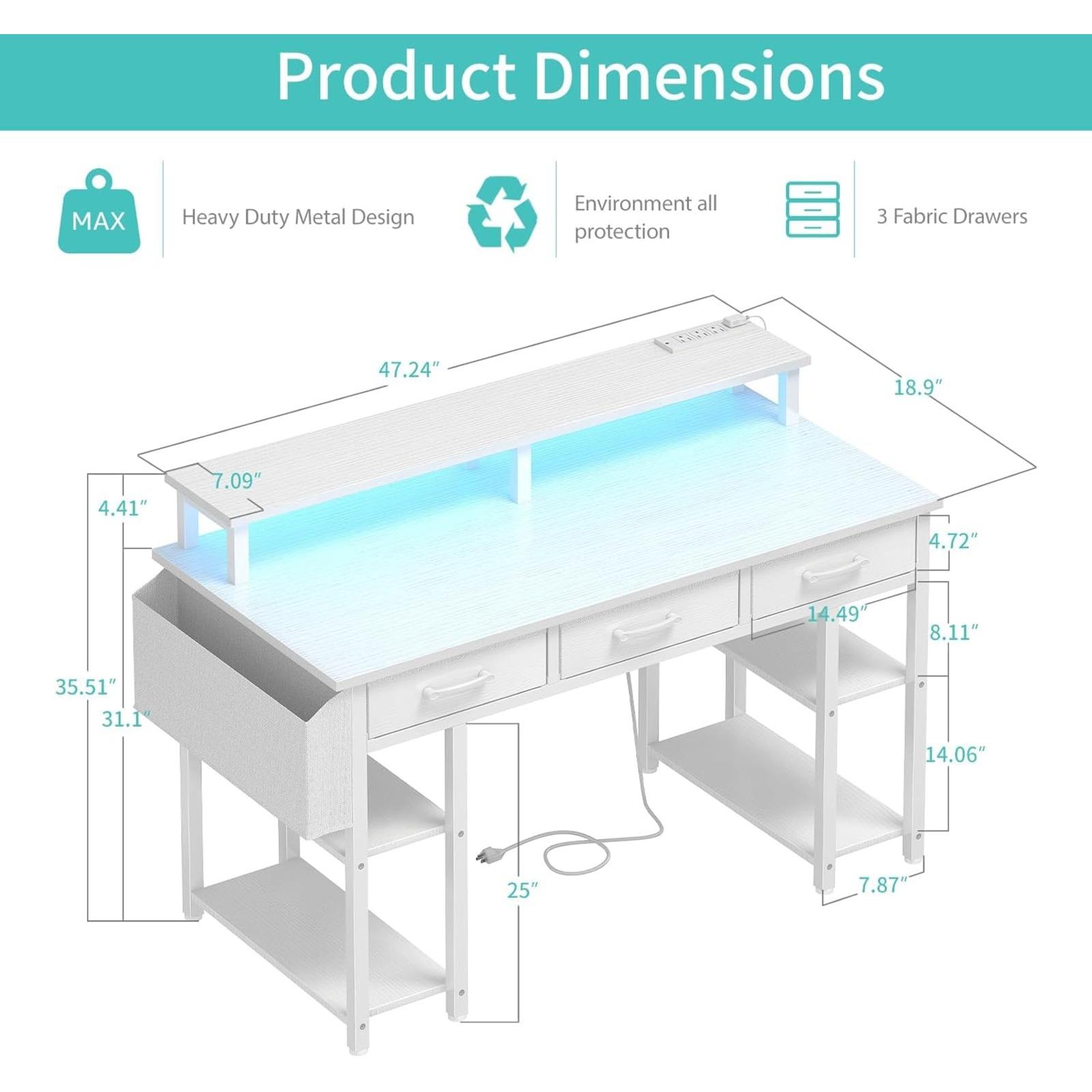 Lufeiya White Computer Desk with Fabric Drawers, 47 Inch Home Office Desk with Monitor Stand Shelves, Writing Study Gaming Desks with Led Lights and Power Outlets for Bedroom, White white computer desk