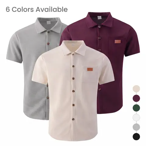 Men's Collared Waffle Knit Button-Down Short Sleeve Shirt - Male Clothing, Breathable Lightweight Soft Textured Shirt with Pocket, Waffle Texture Adds Charm, Ideal for Beach Vacation Daily Wear