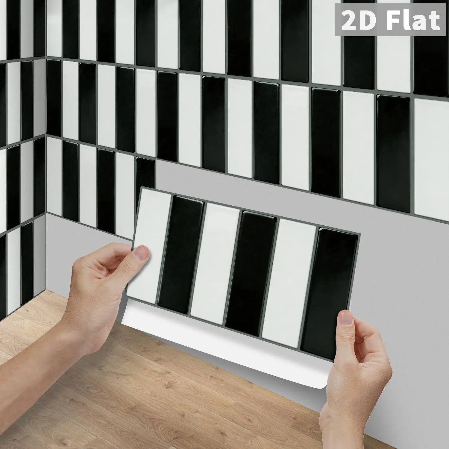 6/12/24/48PCS Black White Contrast Long Tile Stickers, FG PVC Crystal Peel & Stick Waterproof Oilproof Splashback for Kitchen Bathroom Floor Tile Wood Surfaces