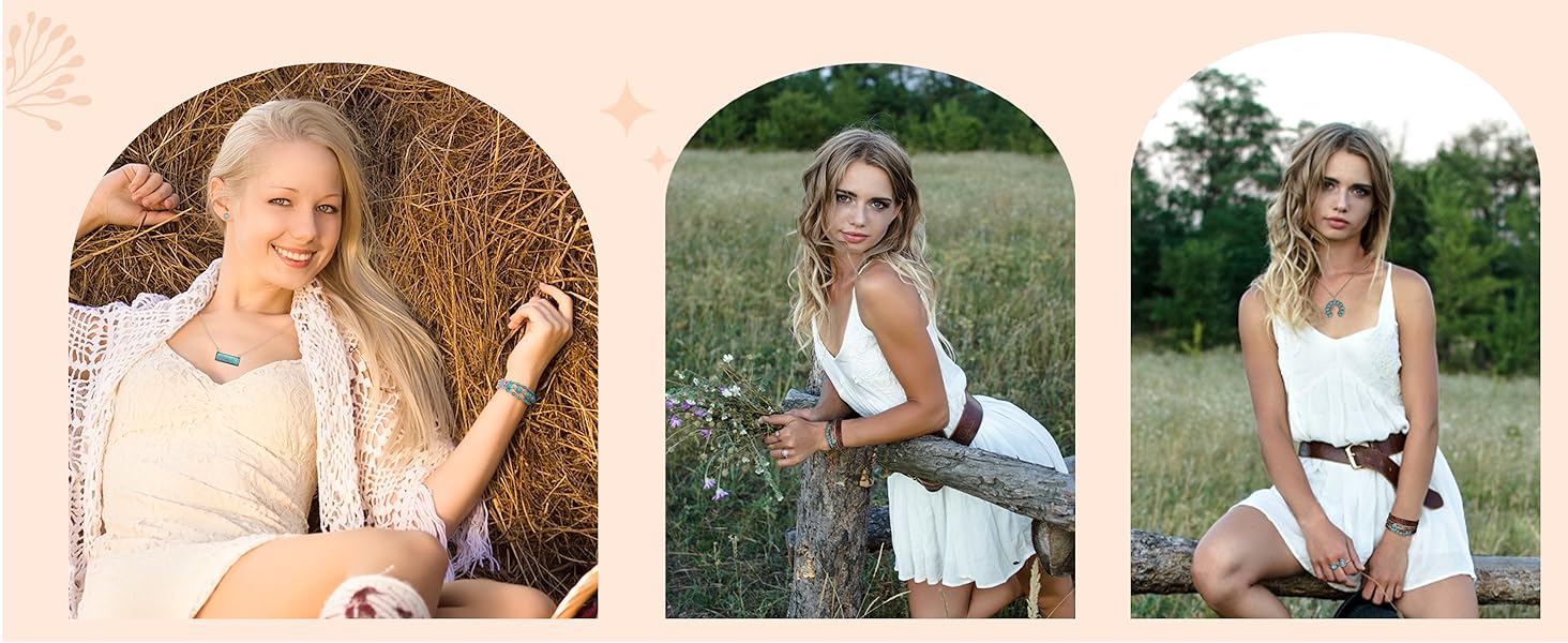 17Pcs Western Turquoise Jewelry Set Boho Layered Necklaces, Dangle Earrings, Stretch Bracelet & Knuckle Rings | Vintage Southwestern Aesthetic | Lucky Gift for Women 17Pcs Western Turquoise Jewelry Set Boho Layered Necklaces, Dangle Earrings, Stretch Bracelet & Knuckle Rings | Vintage Southwestern Aesthetic | Lucky Gift for Women