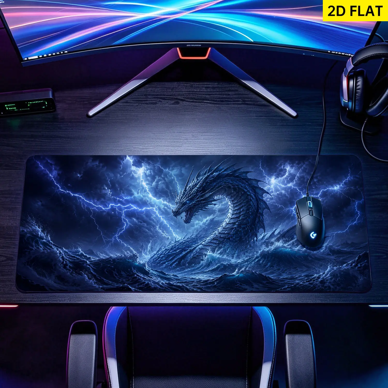 Extra Large Fantasy Blue Sea Dragon and Lightning Mouse Pad,Non Slip Rubber Pad,Desktop Decoration Drotection Pad,Washable,Lock Edge Multi Size,Premium Multipurpose Mousepad For Home,Office,Gift for Family and Friends