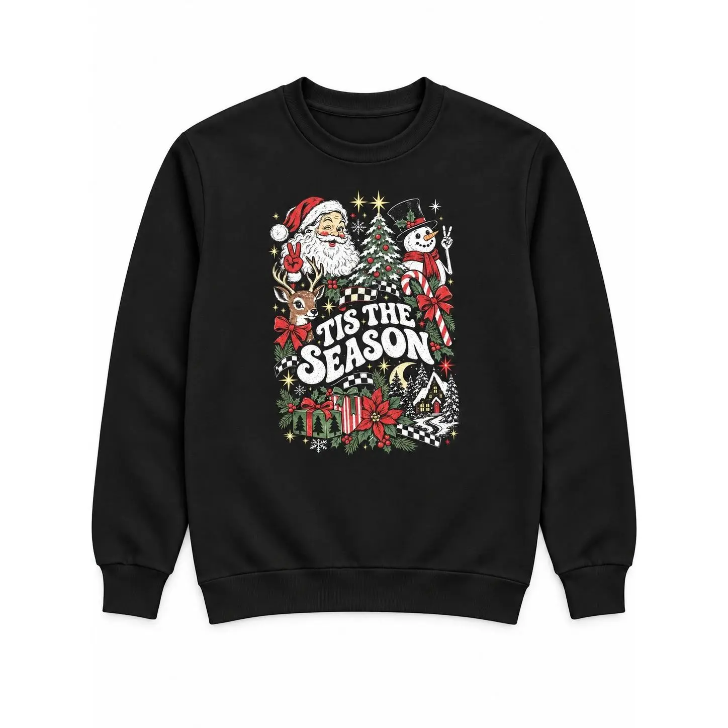 'Tis the Season Christmas Graphic T-Shirt or Crewneck Sweatshirt, Santa Reindeer Snowman and Holiday Icons, Unisex Festive Printed Top
