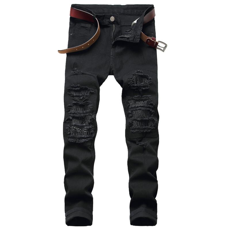 High Street Ripped Black Slim Fit Skinny Jeans for Men with Leather Patch and Stretch Men's Long Pants